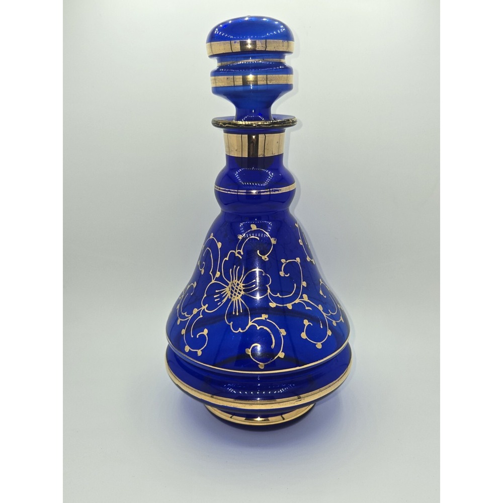 Vintage Cobalt Blue Glass Decanter Gold Floral Empoli Italy Genie Bottle‎ 10in